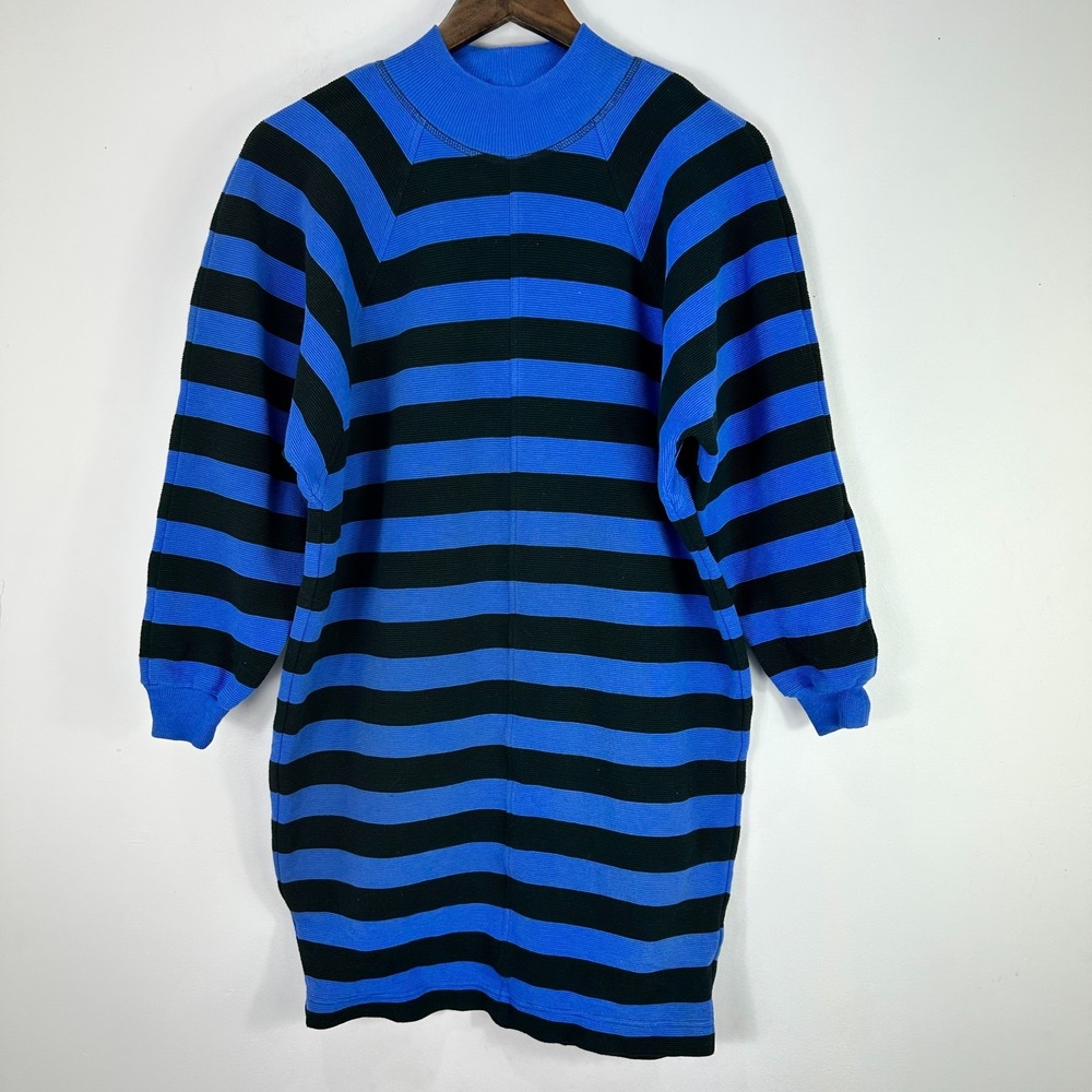 Karen Kane Sweater Dress Womens Large Blue Black Striped Mock Neck Vtg 80s